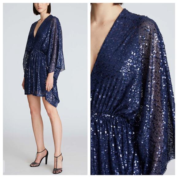 Halston Mini Dress Navy Blue Catalina Sequin V Neck Caftan Cocktail $425 - Picture 2 of 8